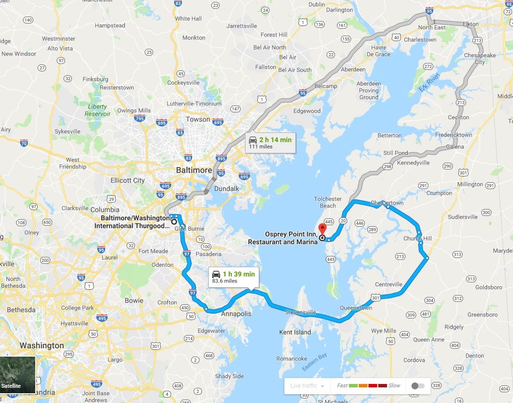 Map showing directions from Baltimore/DC area to Osprey Point.