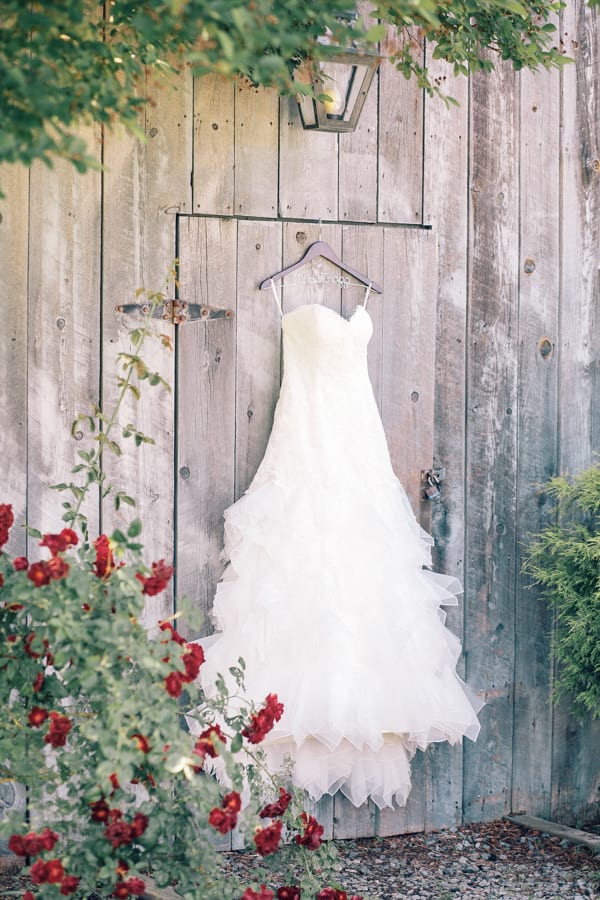 Wedding dress on hanger.