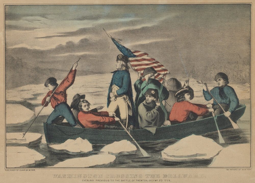 A depiction of George Washington's iconic travels across the Delaware River in a boat with a crew and American flag